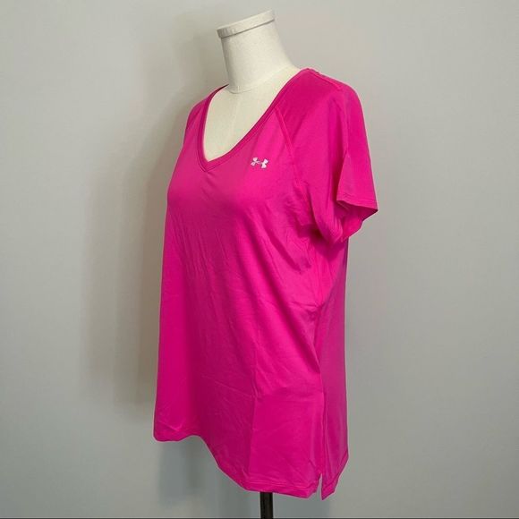 NWT Under Armour Heat Gear V-Neck T-Shirt Hot Pink Carpe Diem Graphic - Picture 2 of 10